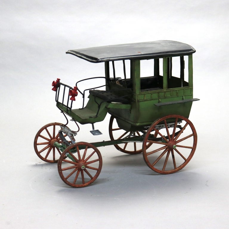 Large Antique Toy Polychrome Tin & Wood Model Horse Drawn Carriage C1930