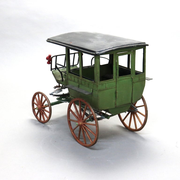 Large Antique Toy Polychrome Tin & Wood Model Horse Drawn Carriage C1930