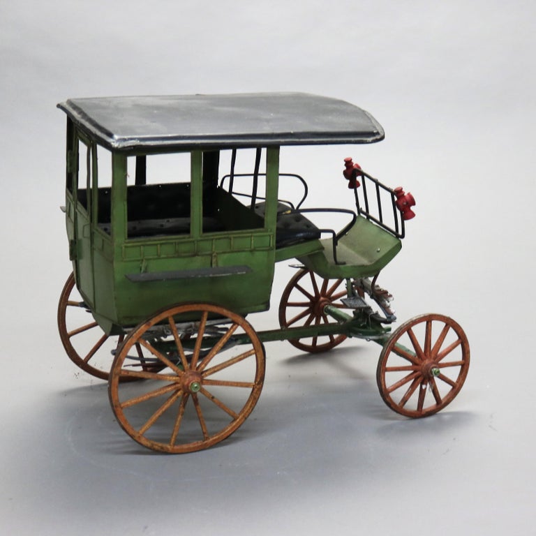 Large Antique Toy Polychrome Tin & Wood Model Horse Drawn Carriage C1930