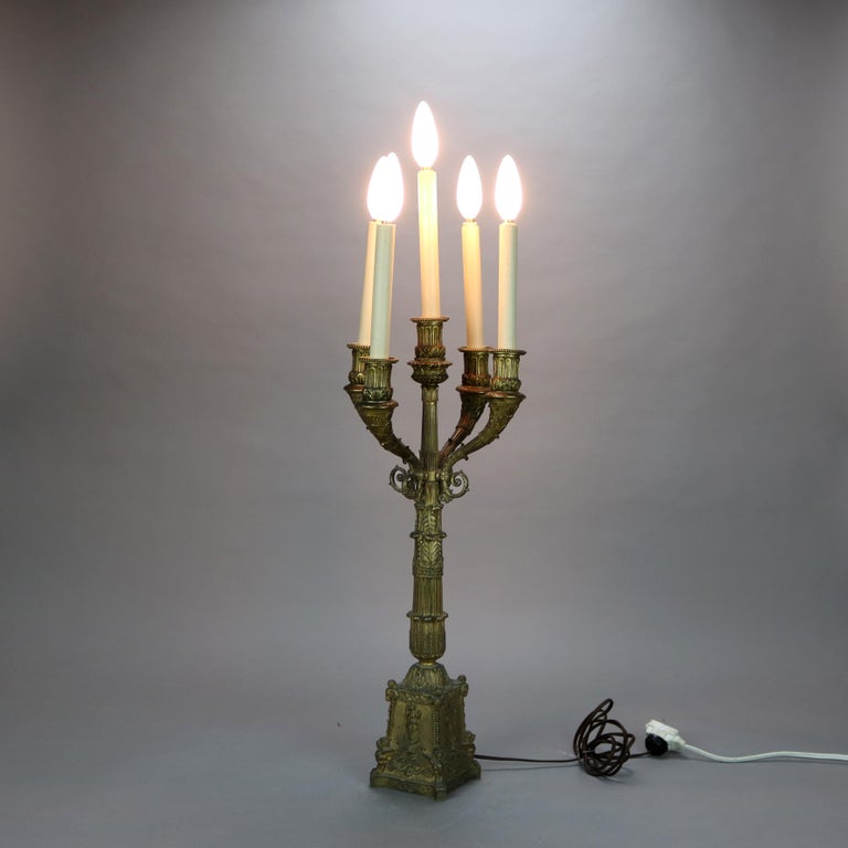 Antique Neoclassical Bronze Five Light Candelabra Table Lamp C1890