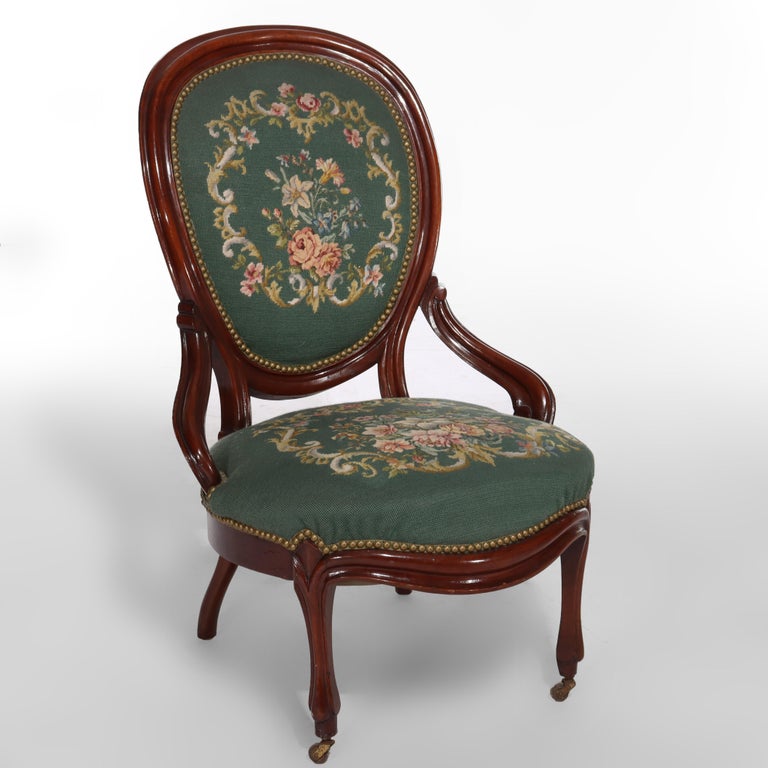Pair Renaissance Revival Carved Walnut & Needlepoint Parlor Armchairs C1880