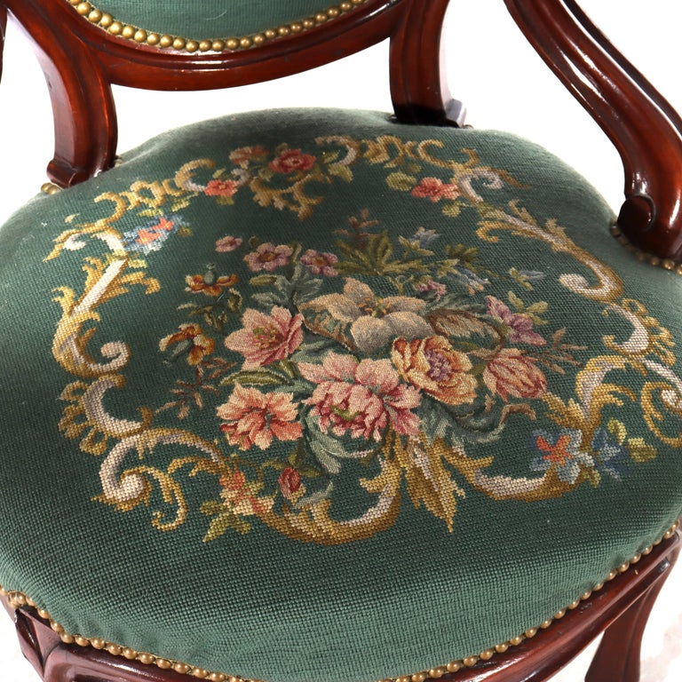 Pair Renaissance Revival Carved Walnut & Needlepoint Parlor Armchairs C1880