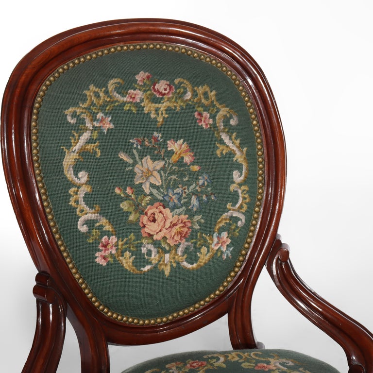 Pair Renaissance Revival Carved Walnut & Needlepoint Parlor Armchairs C1880