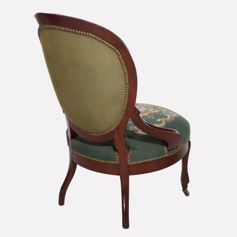 Pair Renaissance Revival Carved Walnut & Needlepoint Parlor Armchairs C1880