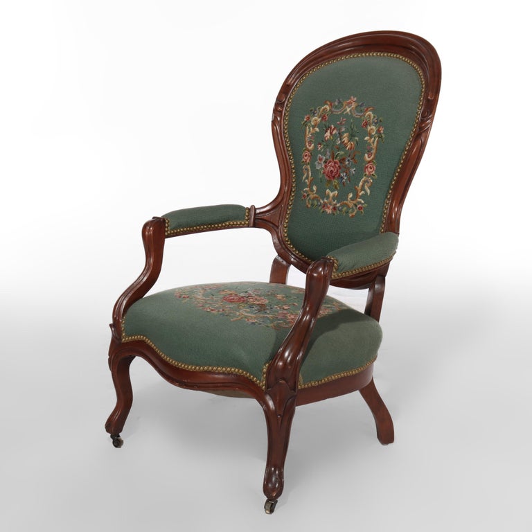 Pair Renaissance Revival Carved Walnut & Needlepoint Parlor Armchairs C1880