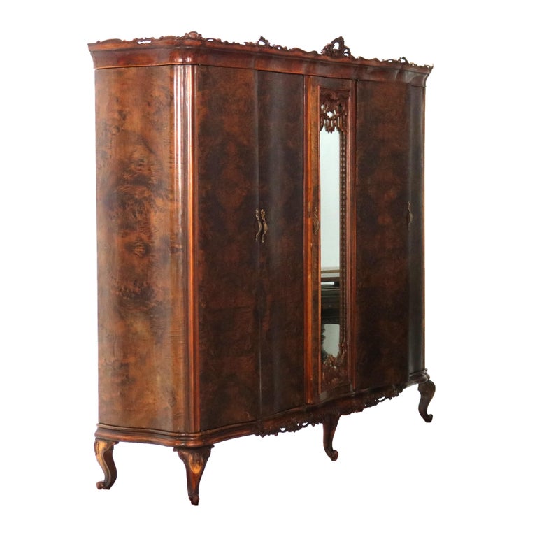 Monumental Antique French Carved Mahogany, Rosewood & Burl Armoire C1890