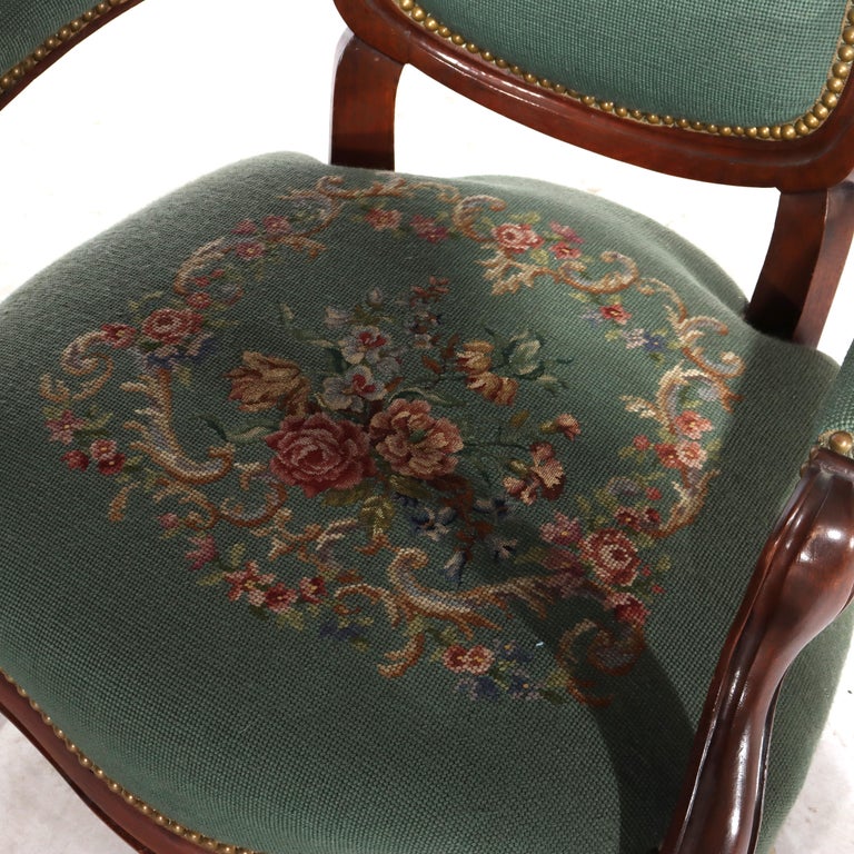 Pair Renaissance Revival Carved Walnut & Needlepoint Parlor Armchairs C1880