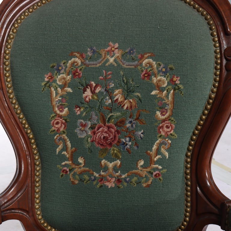 Pair Renaissance Revival Carved Walnut & Needlepoint Parlor Armchairs C1880