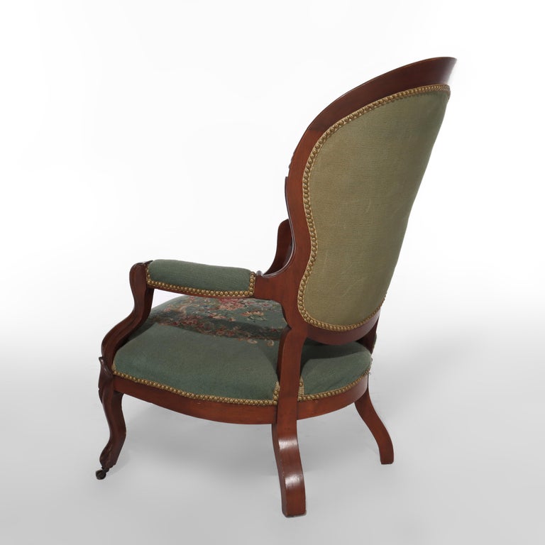 Pair Renaissance Revival Carved Walnut & Needlepoint Parlor Armchairs C1880