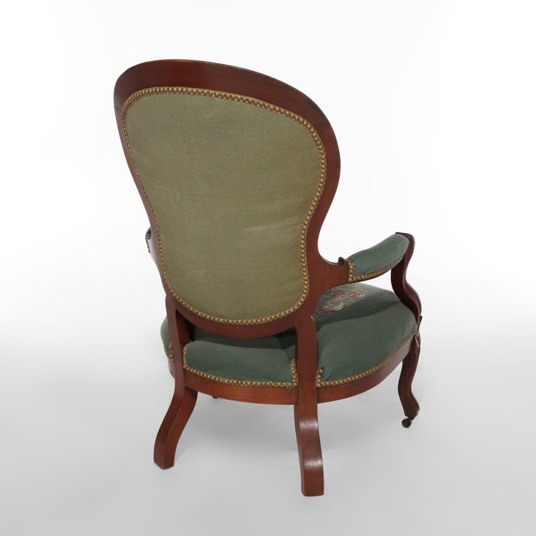 Pair Renaissance Revival Carved Walnut & Needlepoint Parlor Armchairs C1880