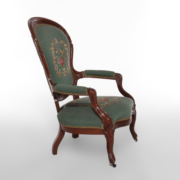 Pair Renaissance Revival Carved Walnut & Needlepoint Parlor Armchairs C1880