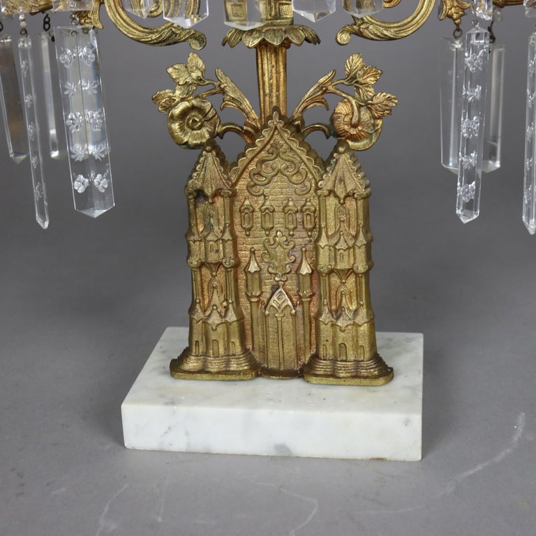 Antique Brass, Marble & Crystal Girandole Candelabra with Bigelow Chapel c1890
