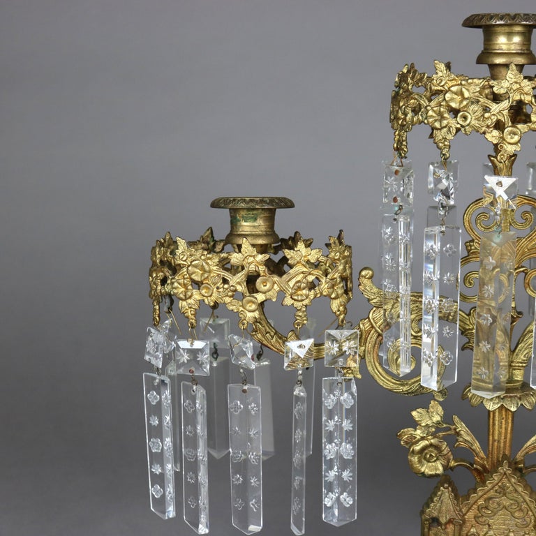 Antique Brass, Marble & Crystal Girandole Candelabra with Bigelow Chapel c1890