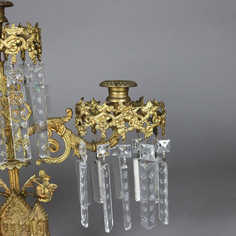 Antique Brass, Marble & Crystal Girandole Candelabra with Bigelow Chapel c1890
