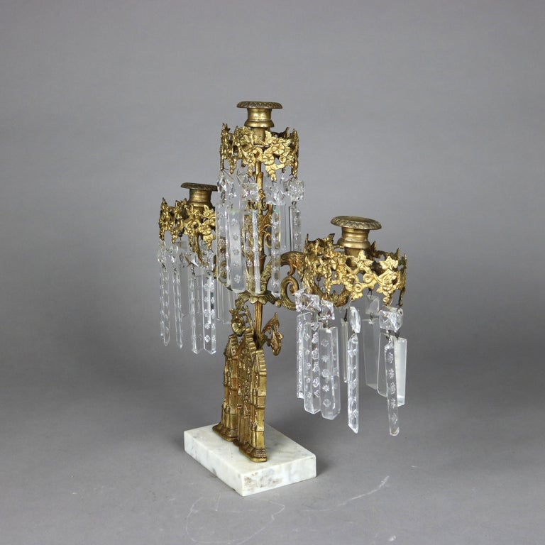 Antique Brass, Marble & Crystal Girandole Candelabra with Bigelow Chapel c1890