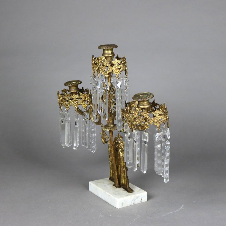 Antique Brass, Marble & Crystal Girandole Candelabra with Bigelow Chapel c1890