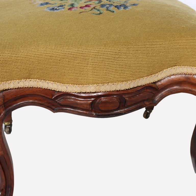 Antique Rococo Revival Rosewood Footstool with Floral Needlepoint C1890