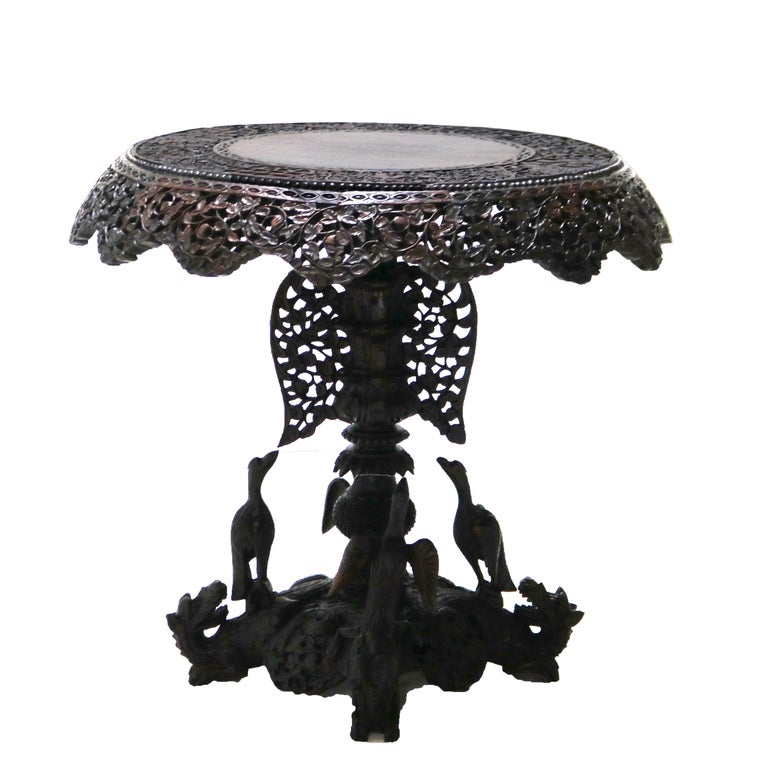 Antique Anglo Indian Carved Figural Bird, Floral & Foliage Rosewood Table 19thC