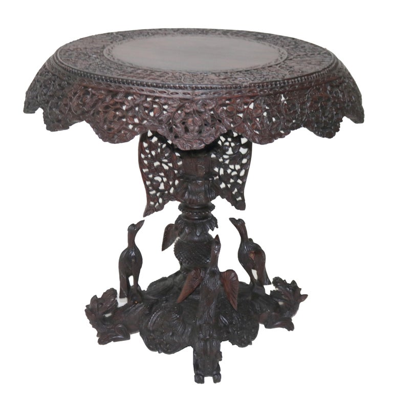 Antique Anglo Indian Carved Figural Bird, Floral & Foliage Rosewood Table 19thC