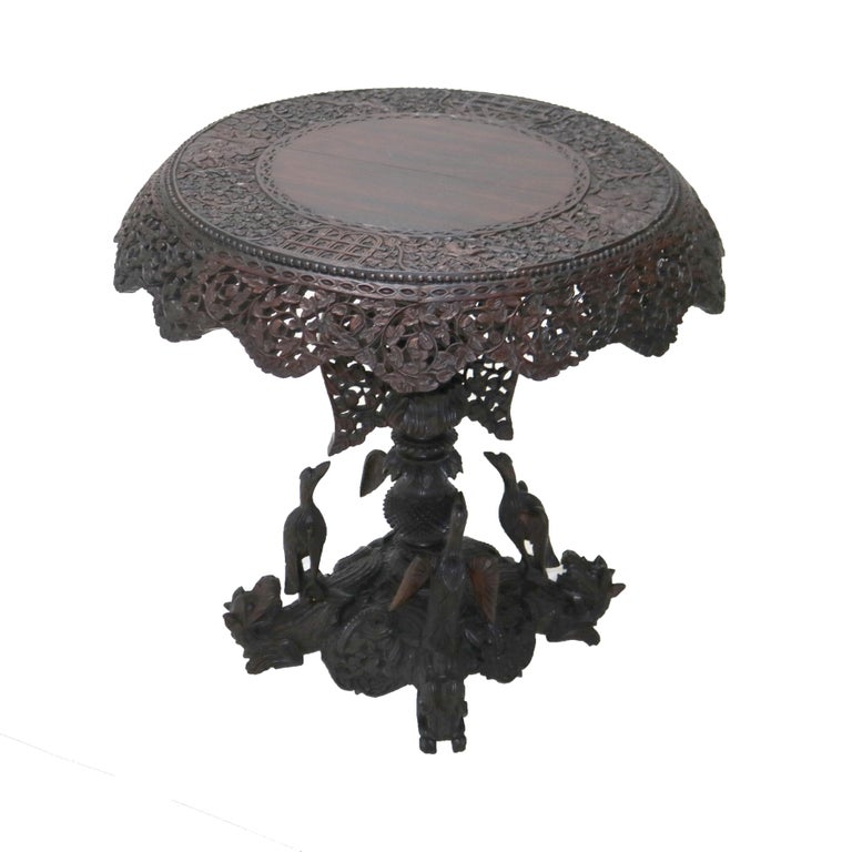 Antique Anglo Indian Carved Figural Bird, Floral & Foliage Rosewood Table 19thC