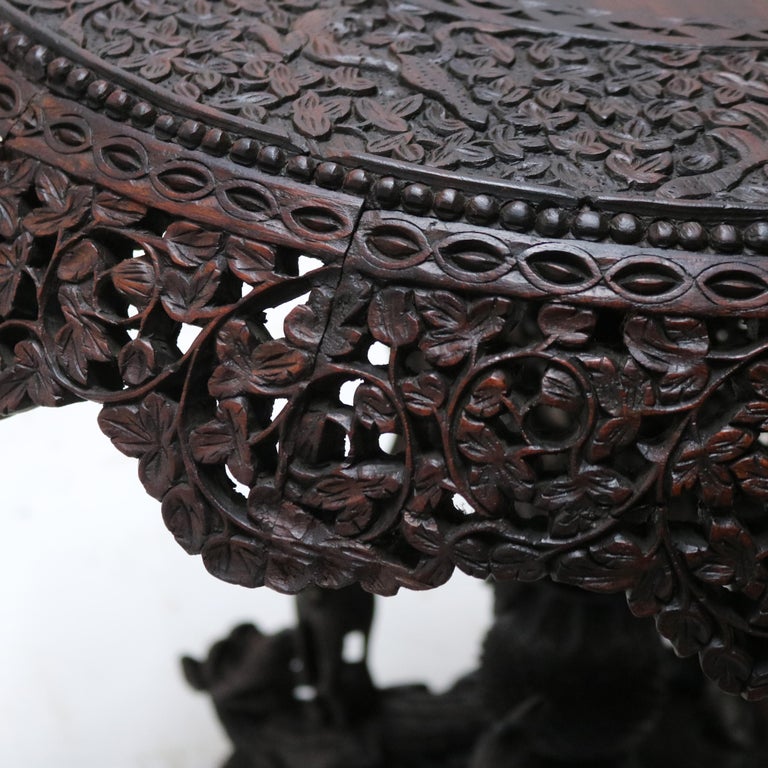 Antique Anglo Indian Carved Figural Bird, Floral & Foliage Rosewood Table 19thC
