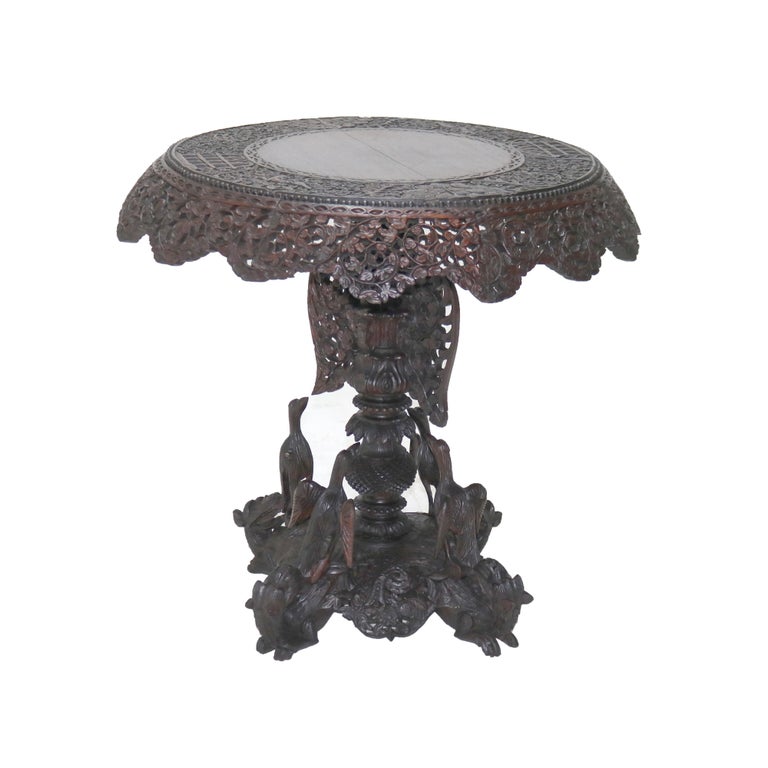 Antique Anglo Indian Carved Figural Bird, Floral & Foliage Rosewood Table 19thC