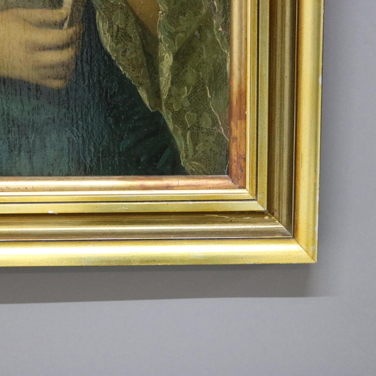 Antique Oil on Board Portrait Painting of a Noble Woman, Giltwood Framed, C1880