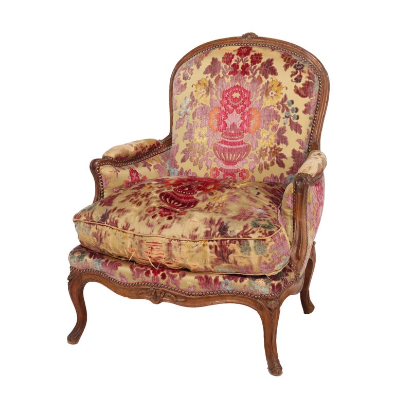 Antique French Louis XIV Overstuffed Carved Walnut Armchair 19thC