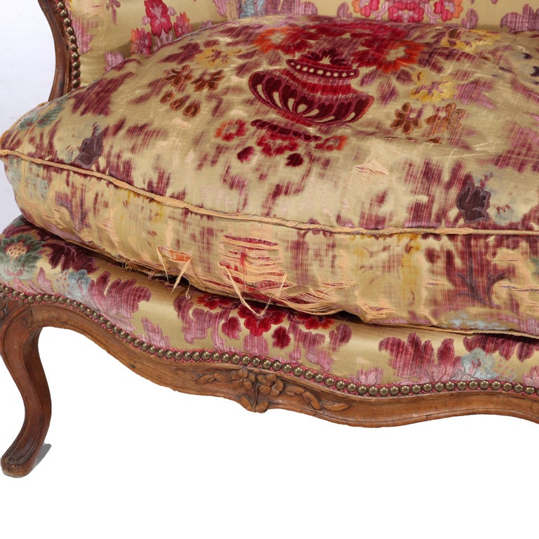 Antique French Louis XIV Overstuffed Carved Walnut Armchair 19thC