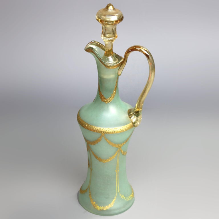 Oversized Hand Blown Glass Ewer with Panier de Fleurs & Gilt Swag, circa 1900