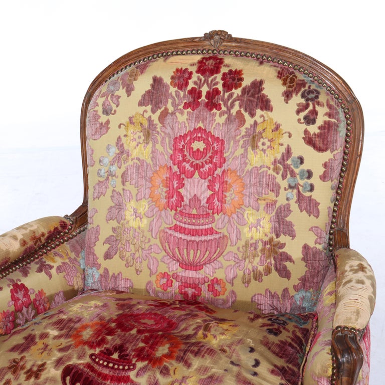 Antique French Louis XIV Overstuffed Carved Walnut Armchair 19thC