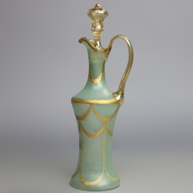Oversized Hand Blown Glass Ewer with Panier de Fleurs & Gilt Swag, circa 1900