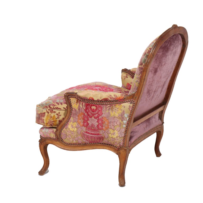 Antique French Louis XIV Overstuffed Carved Walnut Armchair 19thC
