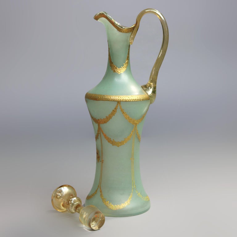 Oversized Hand Blown Glass Ewer with Panier de Fleurs & Gilt Swag, circa 1900