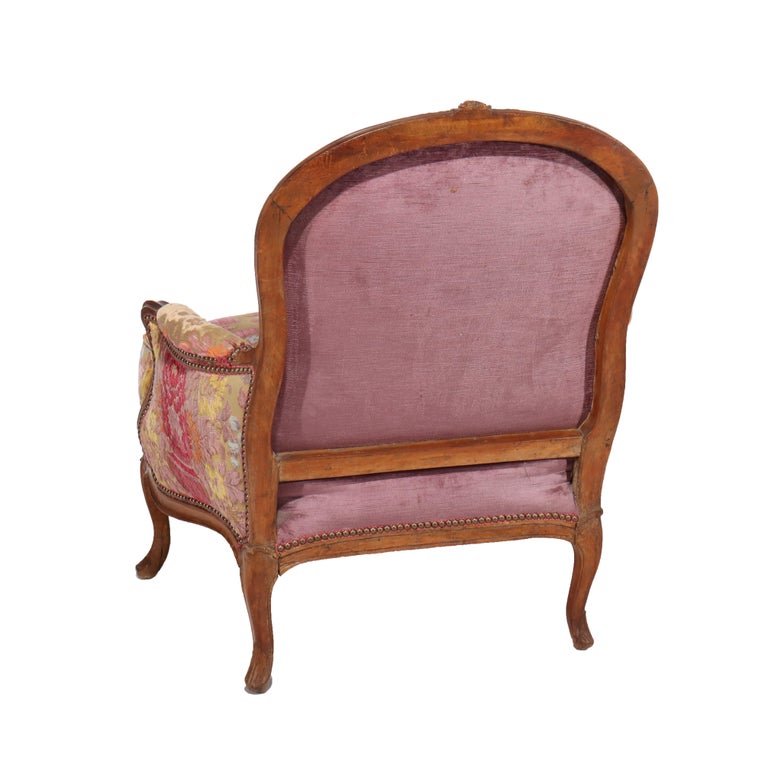 Antique French Louis XIV Overstuffed Carved Walnut Armchair 19thC