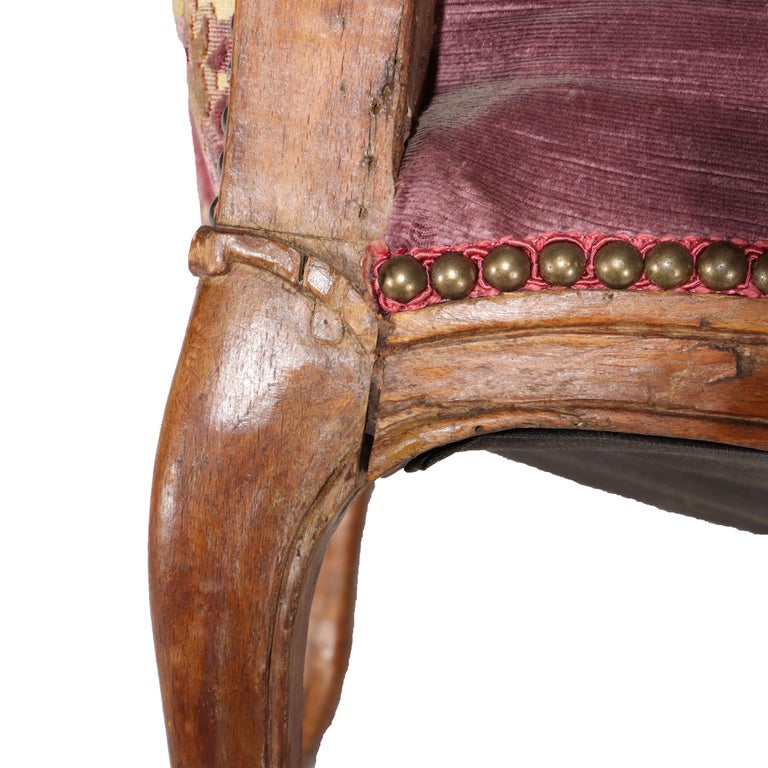 Antique French Louis XIV Overstuffed Carved Walnut Armchair 19thC