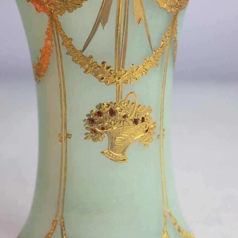 Oversized Hand Blown Glass Ewer with Panier de Fleurs & Gilt Swag, circa 1900