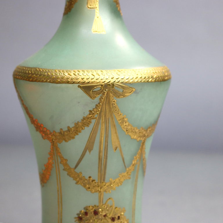 Oversized Hand Blown Glass Ewer with Panier de Fleurs & Gilt Swag, circa 1900