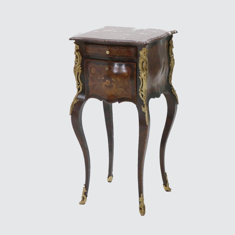 French Louis XIV Rosewood, Kingwood & Ormolu Rouge Marble Side Table 20thC