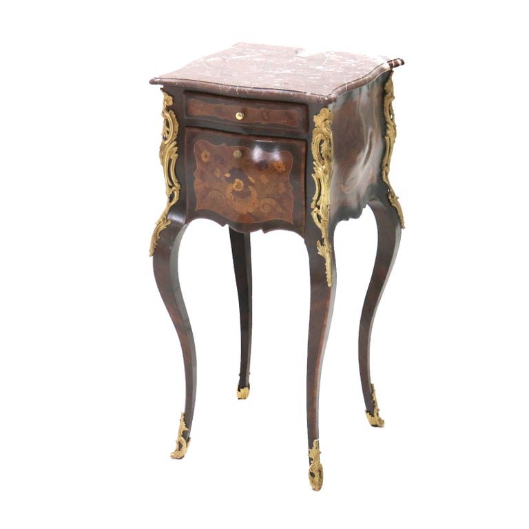 French Louis XIV Rosewood, Kingwood & Ormolu Rouge Marble Side Table 20thC