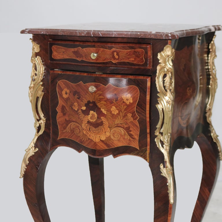 French Louis XIV Rosewood, Kingwood & Ormolu Rouge Marble Side Table 20thC