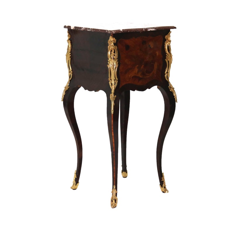 French Louis XIV Rosewood, Kingwood & Ormolu Rouge Marble Side Table 20thC