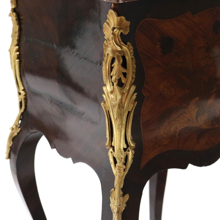 French Louis XIV Rosewood, Kingwood & Ormolu Rouge Marble Side Table 20thC