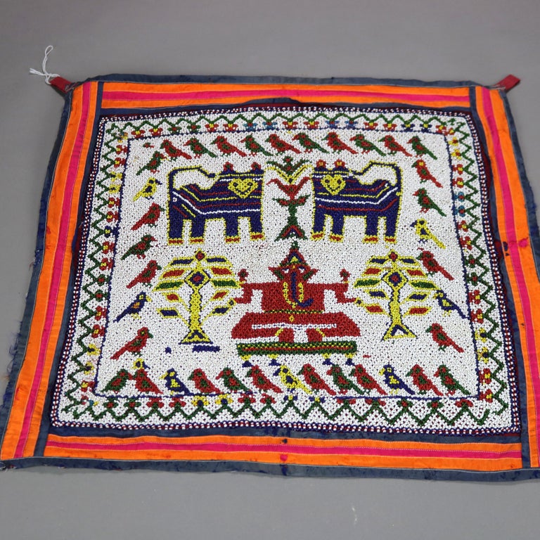 Antique Gujarat Saurashta India Hand Beaded & Embroidered Panel with Deity c1920