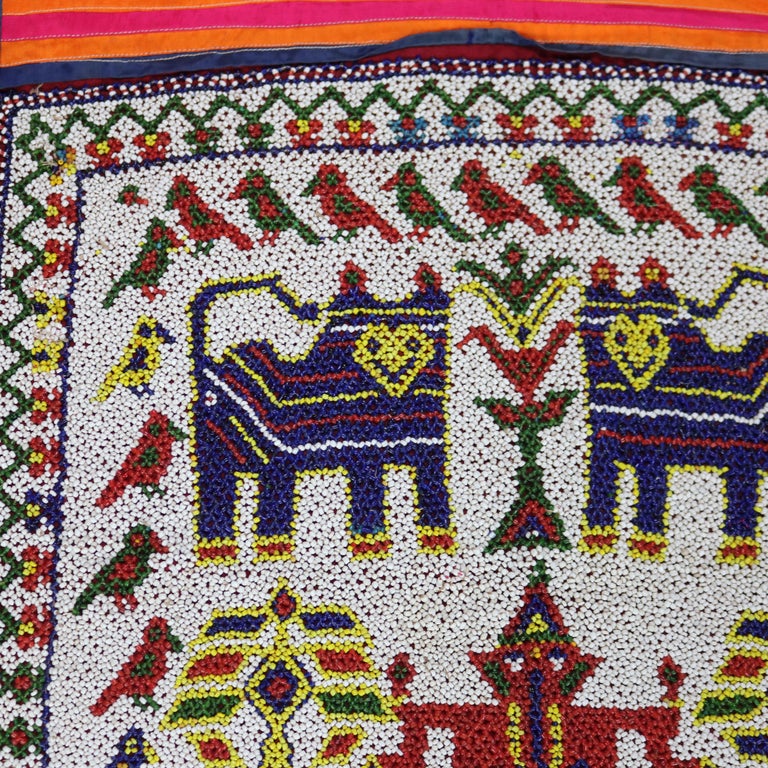 Antique Gujarat Saurashta India Hand Beaded & Embroidered Panel with Deity c1920