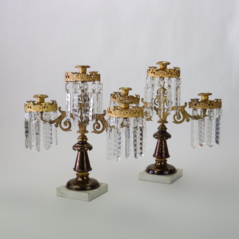 Pair of Antique Brass, Crystal & Marble Giradoles C1920