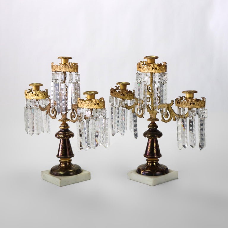 Pair of Antique Brass, Crystal & Marble Giradoles C1920