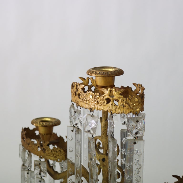 Pair of Antique Brass, Crystal & Marble Giradoles C1920