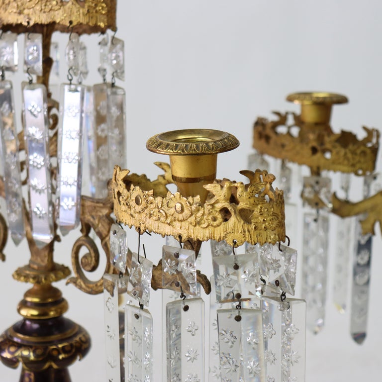 Pair of Antique Brass, Crystal & Marble Giradoles C1920