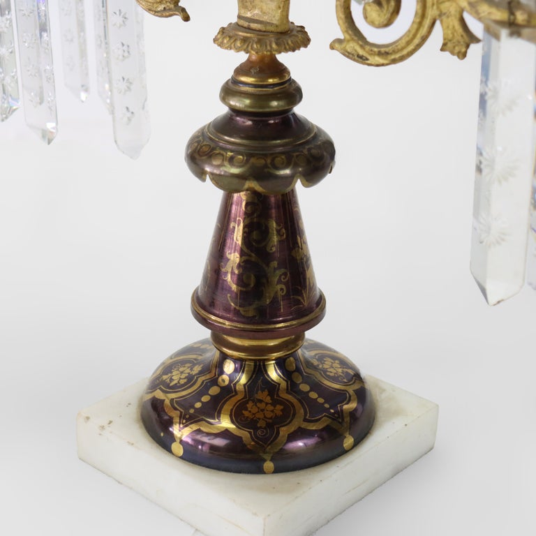 Pair of Antique Brass, Crystal & Marble Giradoles C1920
